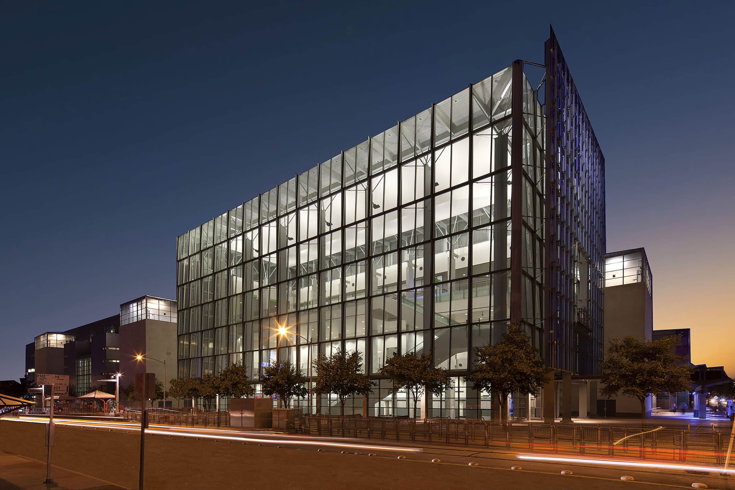 A nighttime view of the Austin Convention Center, which was expanded in 2002.
