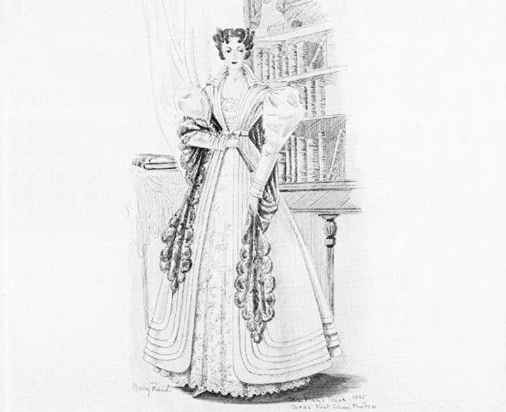 Frances Trask Thompson was known not only as a pioneer educator but as a cultivated and witty marksman and fashionable dresser as seen in this drawing by Mary Reid that was exhibited at the Texas Centennial in 1836.