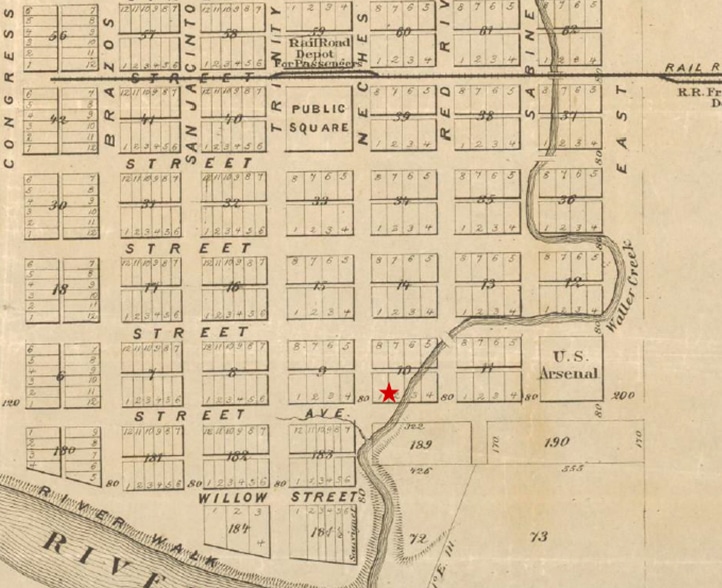 This detail from A Topographical Map of the City of Austin shows the original terminus of the Houston and Central Texas Railroad tracks along East Fifth Street in downtown Austin. The original location of the Trask House is starred. Map drawn by Reuben W. Ford, 1872.